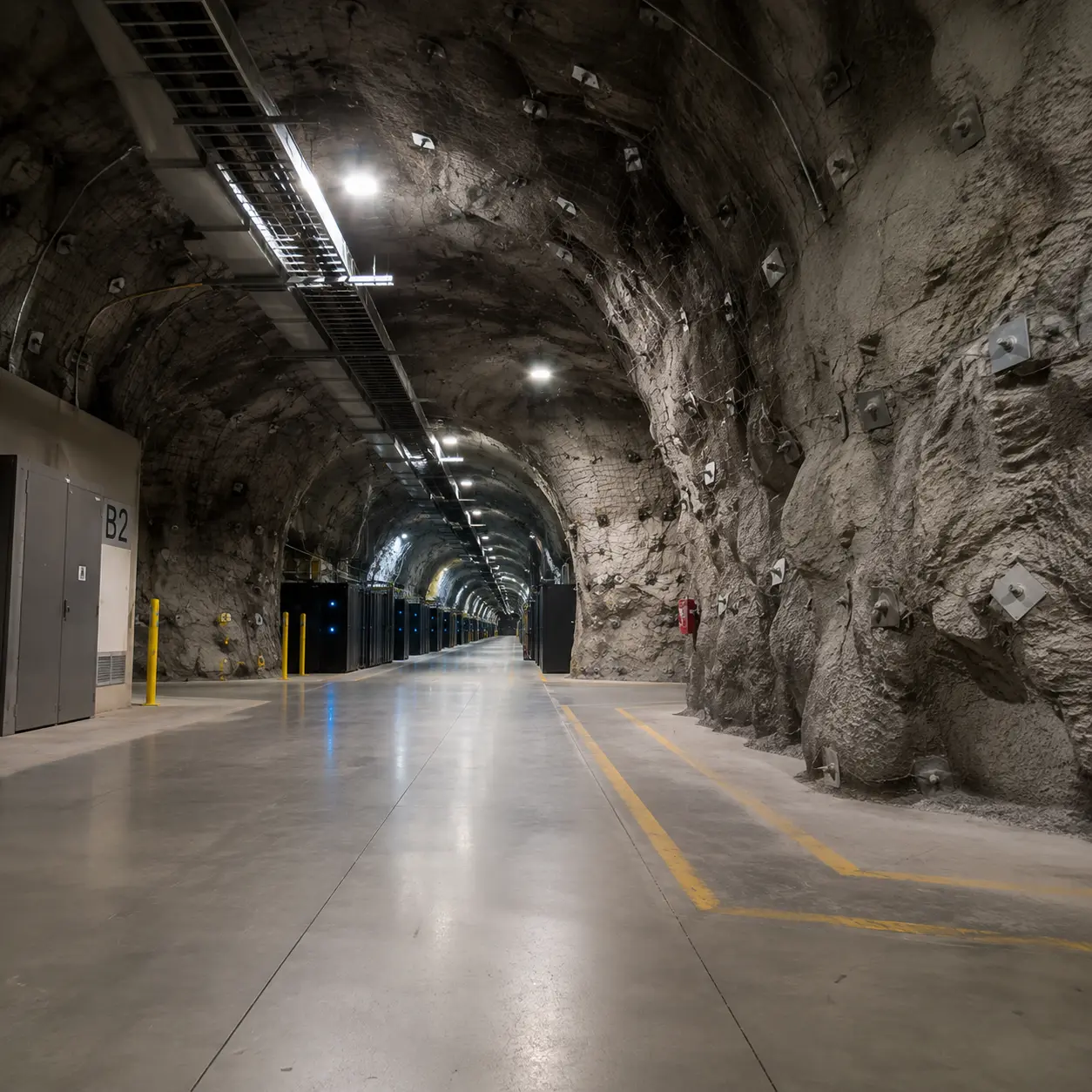 A tunnel carved through raw rock running deep beneath the data center floor